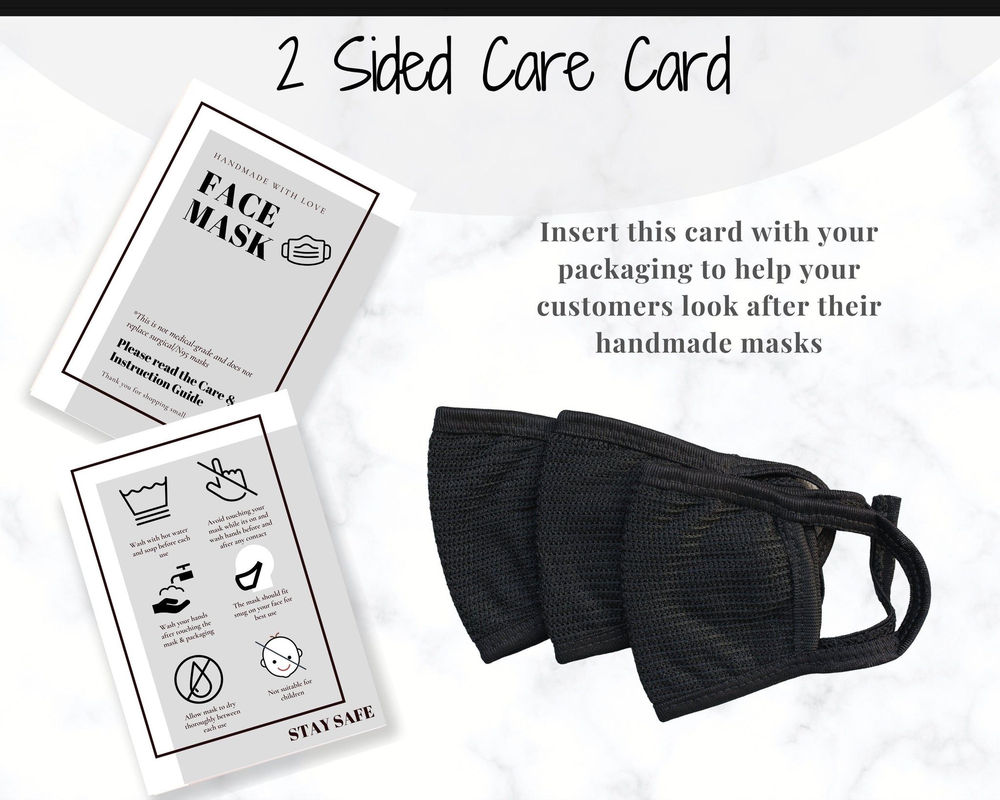Face Mask Label Care Card Instructions | 2 Sided - Monochrome