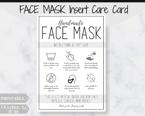 Face Mask LABEL CARE CARD, How to Handle Order Card, Face Mask Printable Instructions, Business Labels, Face Mask Seller, Package Label Tag | Monochrome