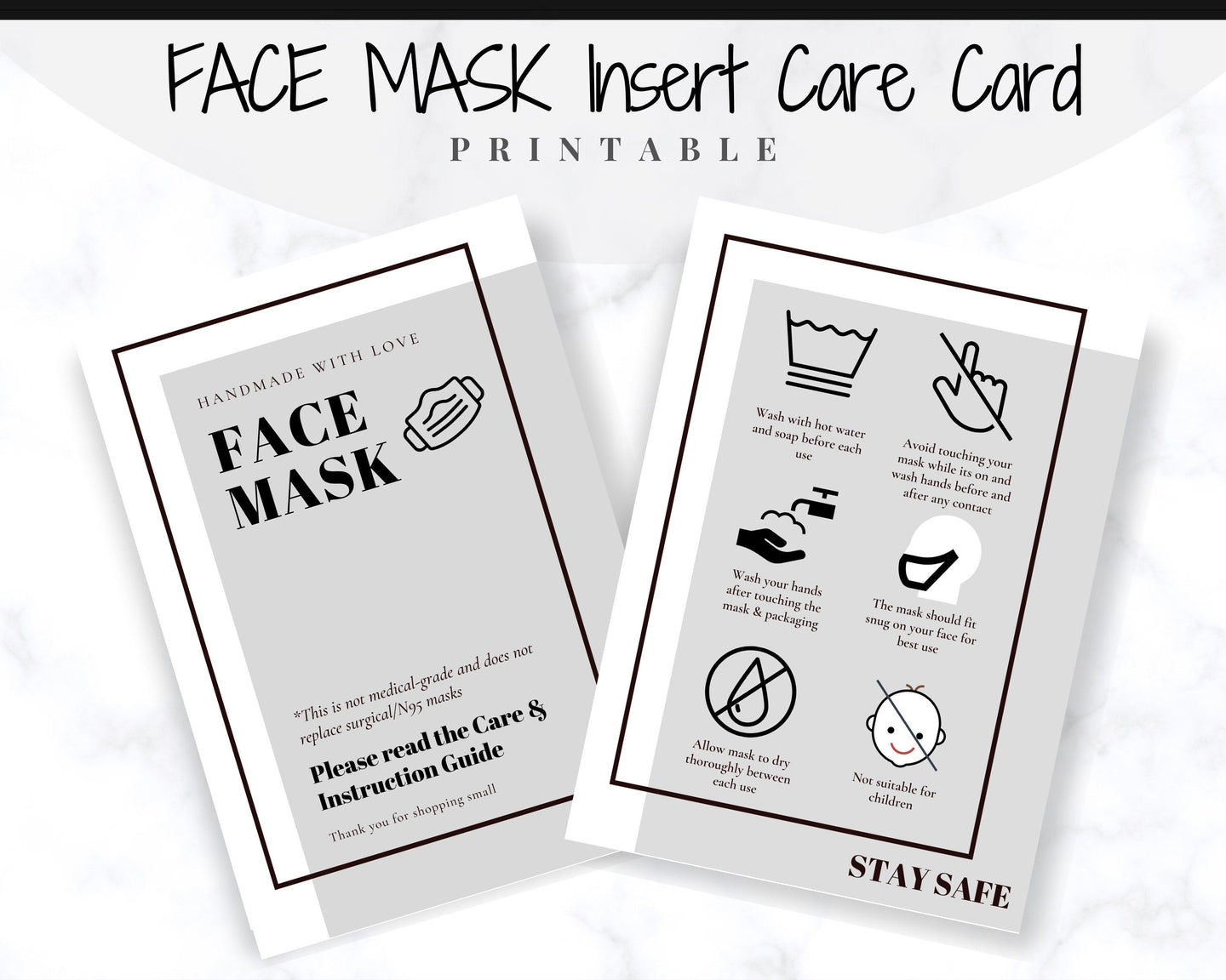 Face Mask LABEL CARE CARD, How to Handle Order Card, Face Mask Printable Instructions, Business Labels, Face Mask Seller, Package Label Tag | Monochrome