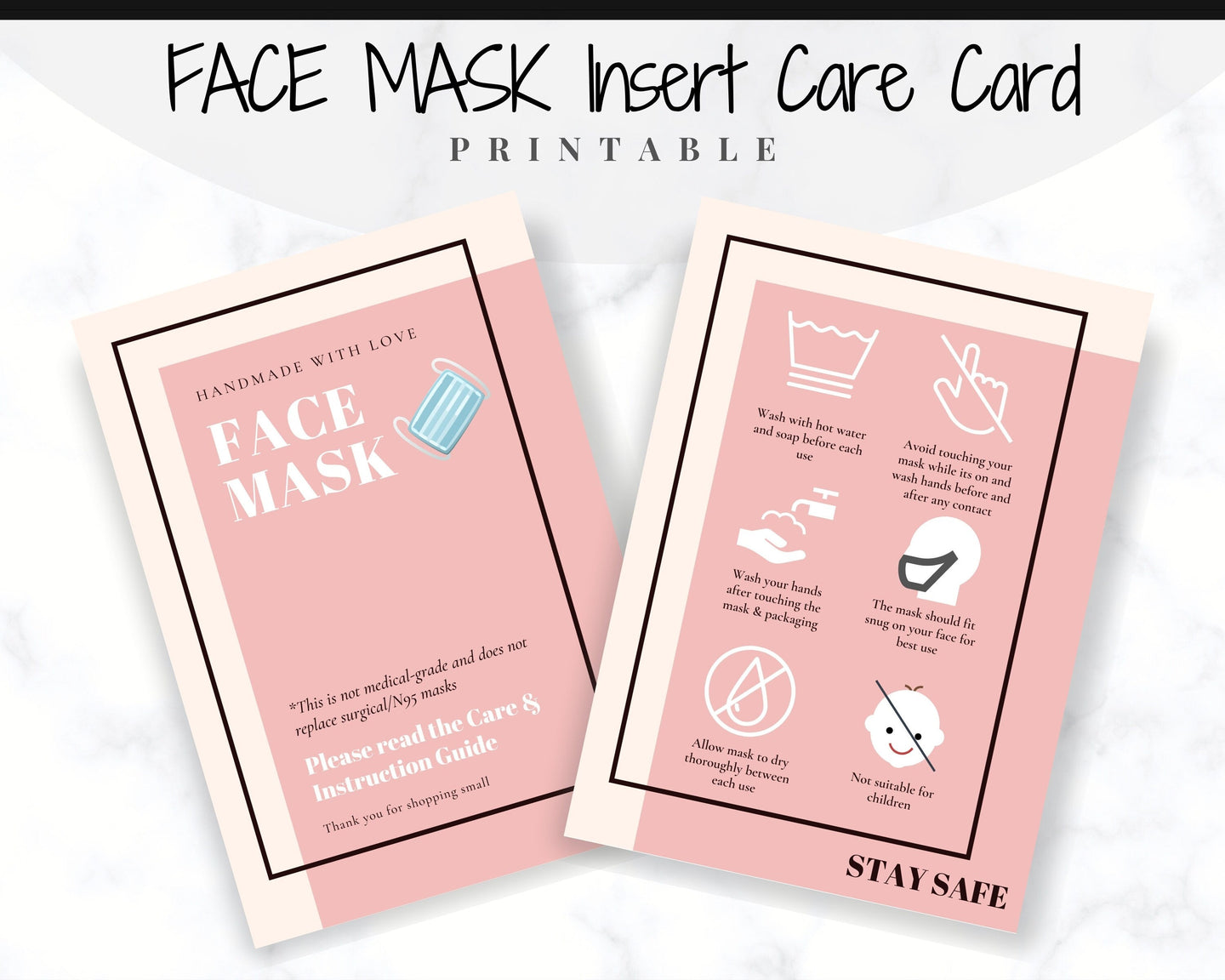 Face Mask LABEL CARE CARD, How to Handle Order Card, Face Mask Printable Instructions, Business Labels, Face Mask Seller, Package Label Tag | Pink & Monochrome Bundle
