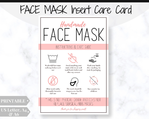Face Mask LABEL CARE CARD, How to Handle Order Card, Face Mask Printable Instructions, Business Labels, Face Mask Seller, Package Label Tag | Pink
