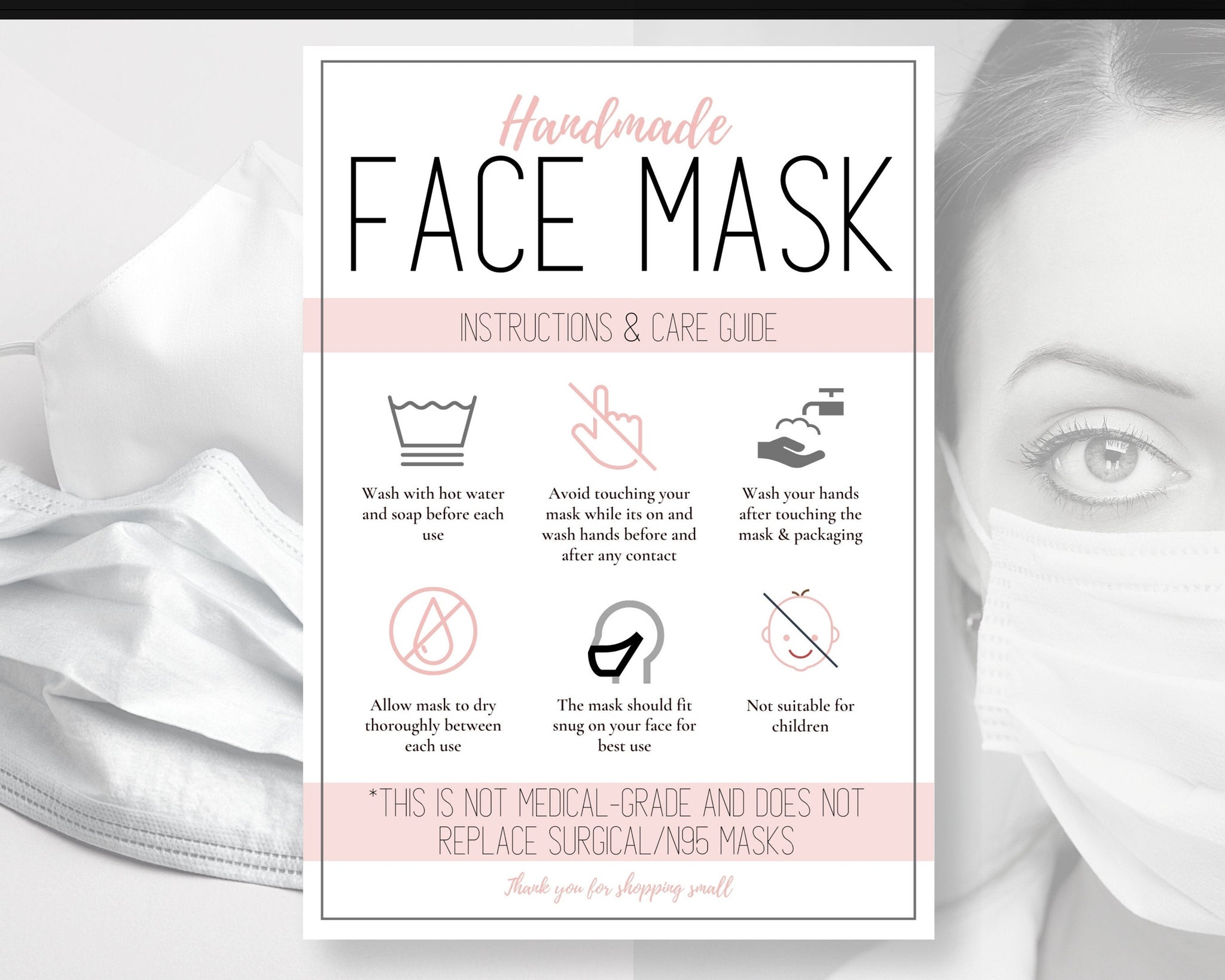 Medical Mask Label Face Mask Label Care Card Instructions | Rose Pink