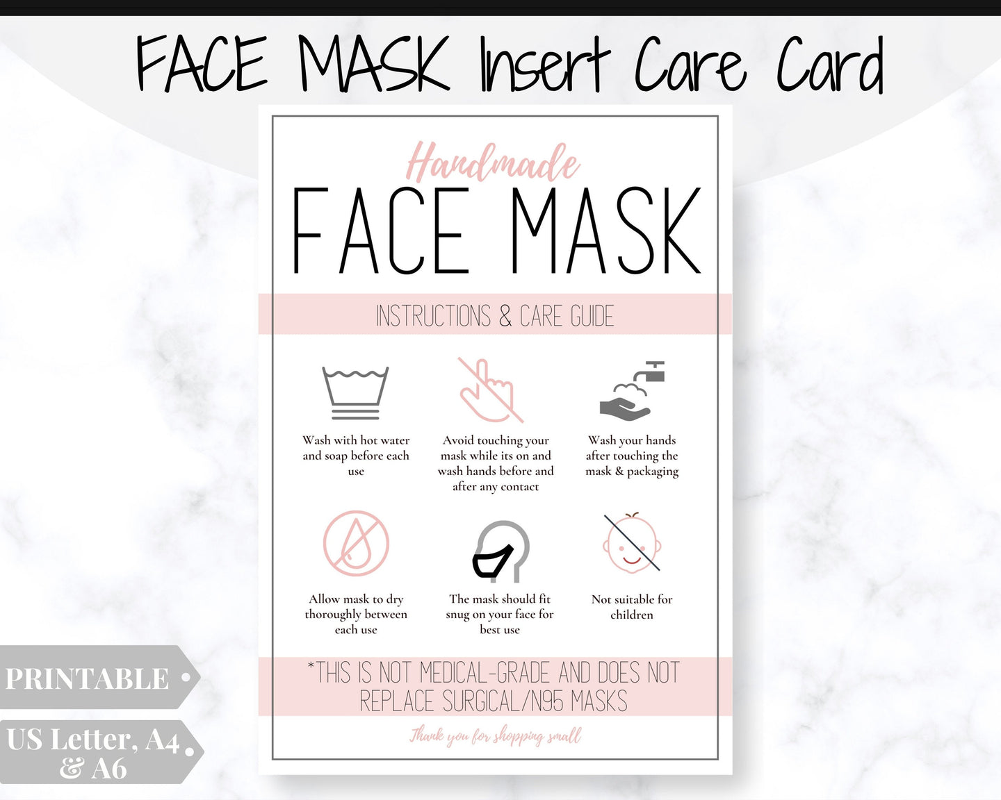 Face Mask LABEL CARE CARD, How to Handle Order Card, Face Mask Printable Instructions, Business Labels, Face Mask Seller, Package Label Tag | Rose Pink