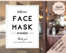 Load image into Gallery viewer, Face Mask Sign, Face Masks Required, Please wear a Face Mask Print, Social distancing Notice sign, Shop Window Sign Printable, must be worn | Minimalist
