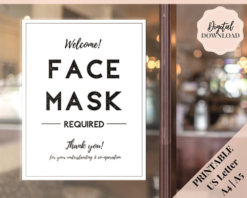 Face Mask Sign, Face Masks Required, Please wear a Face Mask Print, Social distancing Notice sign, Shop Window Sign Printable, must be worn | Minimalist