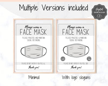 Load image into Gallery viewer, Face Mask Sign, Face Masks Required, Please wear a Face Mask Print, Social distancing Notice sign, Shop Window Sign Printable, must be worn | Multicolor Bundle
