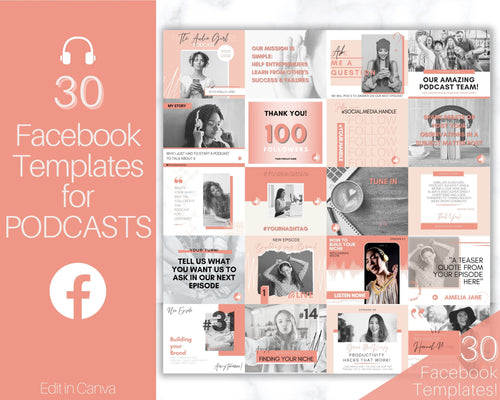 Facebook Post Templates. 30 PODCAST Social Media Posts. Editable Canva Template. Marketing Graphics Podcasters Podcasting Face book, Planner | Pink