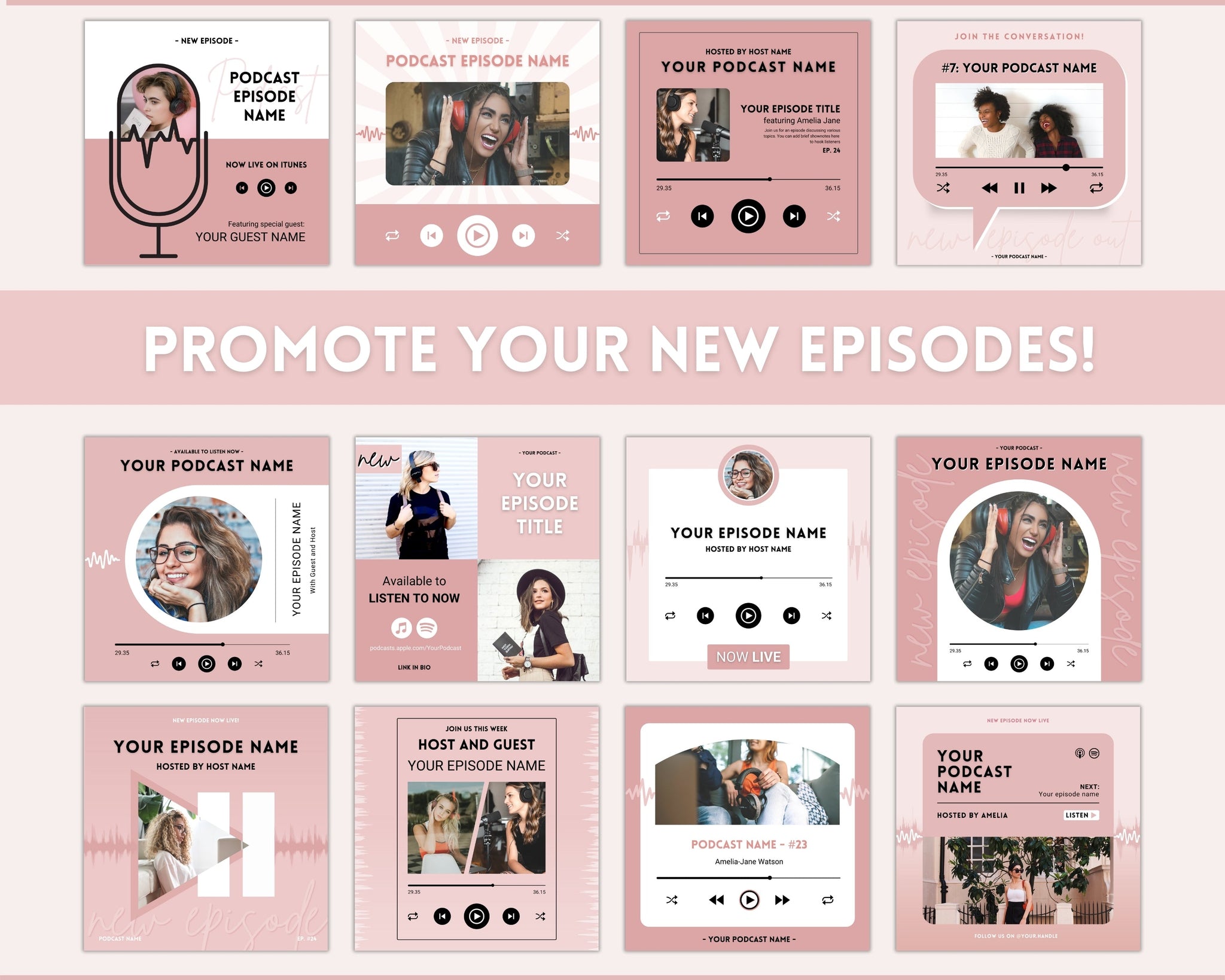50 Editable Podcast Templates for Facebook Posts - Pink