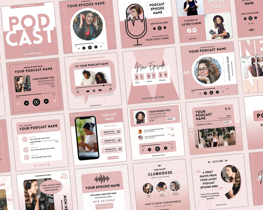 50 Editable Podcast Templates for Facebook Posts - Pink