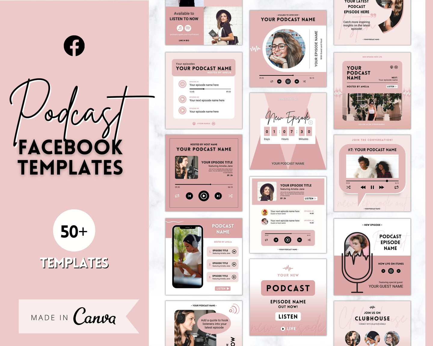 Facebook Post Templates. 50 PODCAST Social Media Posts! Editable Canva Template. Marketing Graphics Podcasters Podcasting Face book, Planner | Pink Vol 2
