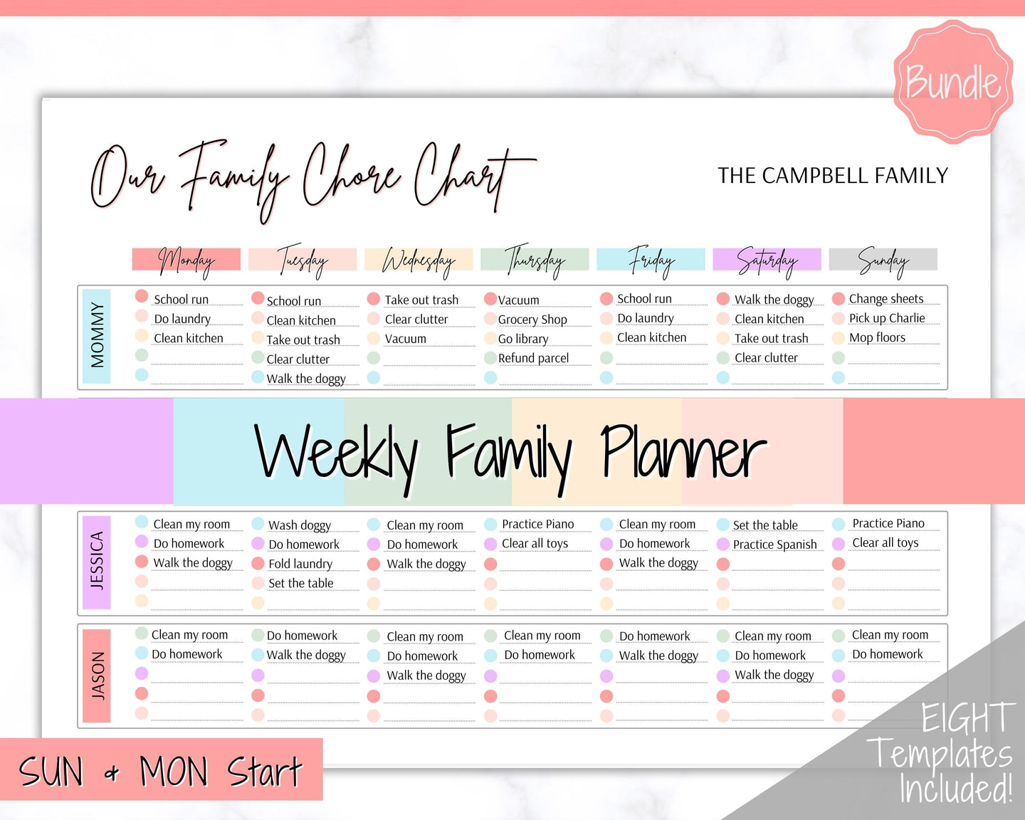 Family Chore Chart, Editable Family Planner Printable, Weekly Family Schedule, Family Calendar, Command Center, Weekly Household, Kids Adult - Colorful