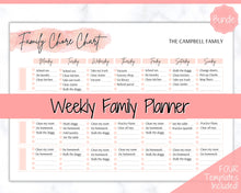 Load image into Gallery viewer, Family Chore Chart, Editable Family Planner Printable, Weekly Family Schedule, Family Calendar, Command Center, Weekly Household, Kids Adult - Pink
