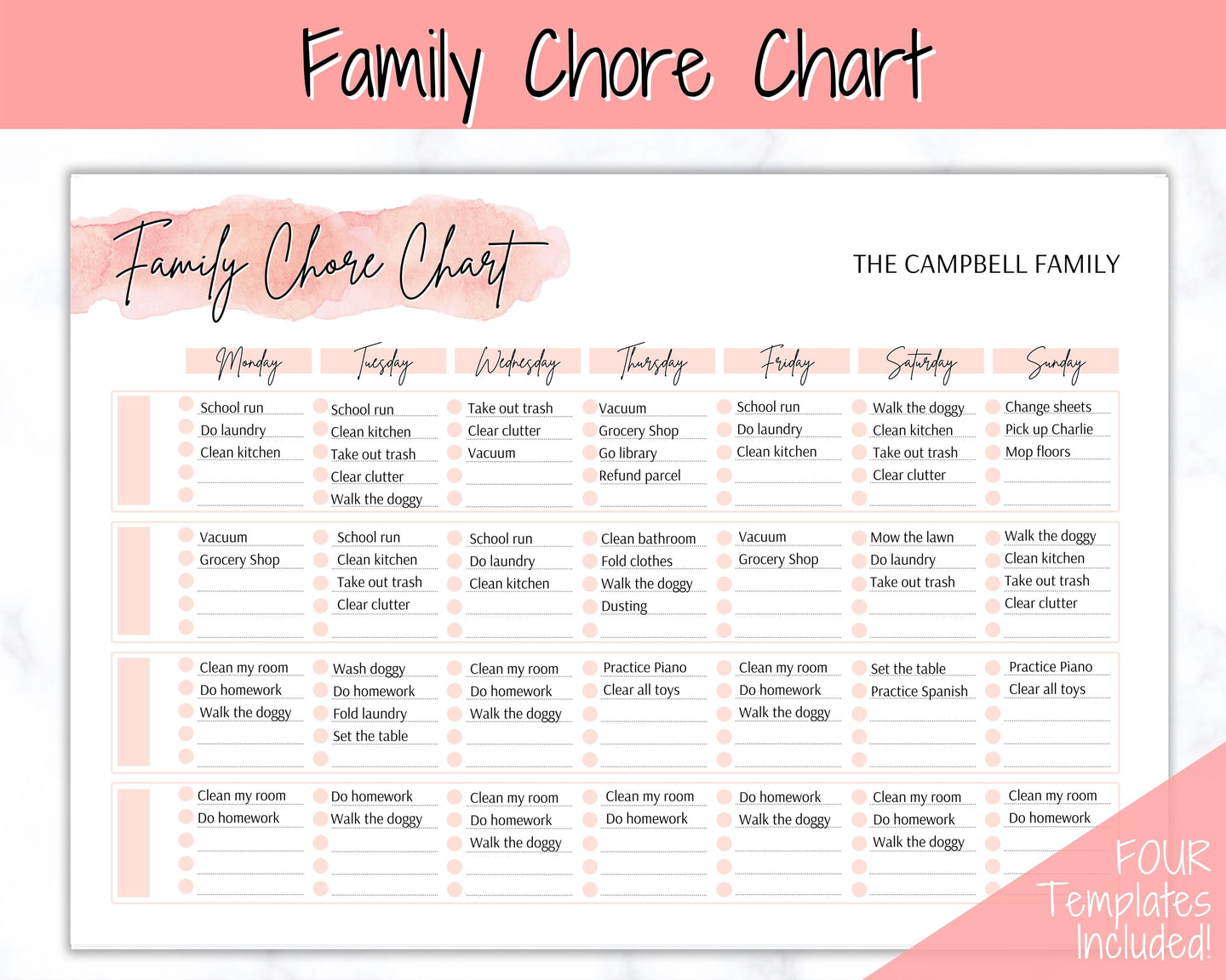 Family Chore Chart, Editable Family Planner Printable, Weekly Family Schedule, Family Calendar, Command Center, Weekly Household, Kids Adult - Pink