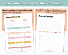 Load image into Gallery viewer, Finance Planner BUNDLE! Budget Planner Templates, Financial Savings Tracker Printable Binder, Monthly Debt, Bill, Spending, Expenses Tracker | RETRO 70s theme
