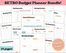 Load image into Gallery viewer, Finance Planner BUNDLE! Budget Planner Templates, Financial Savings Tracker Printable Binder, Monthly Debt, Bill, Spending, Expenses Tracker | RETRO 70s theme
