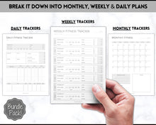 Load image into Gallery viewer, Fitness Planner, Weight Loss Tracker, BUNDLE, Workout Planner Fitness Journal, Wellness, Health Goal, Meal Planner, Self Care, Habit Tracker | Mono
