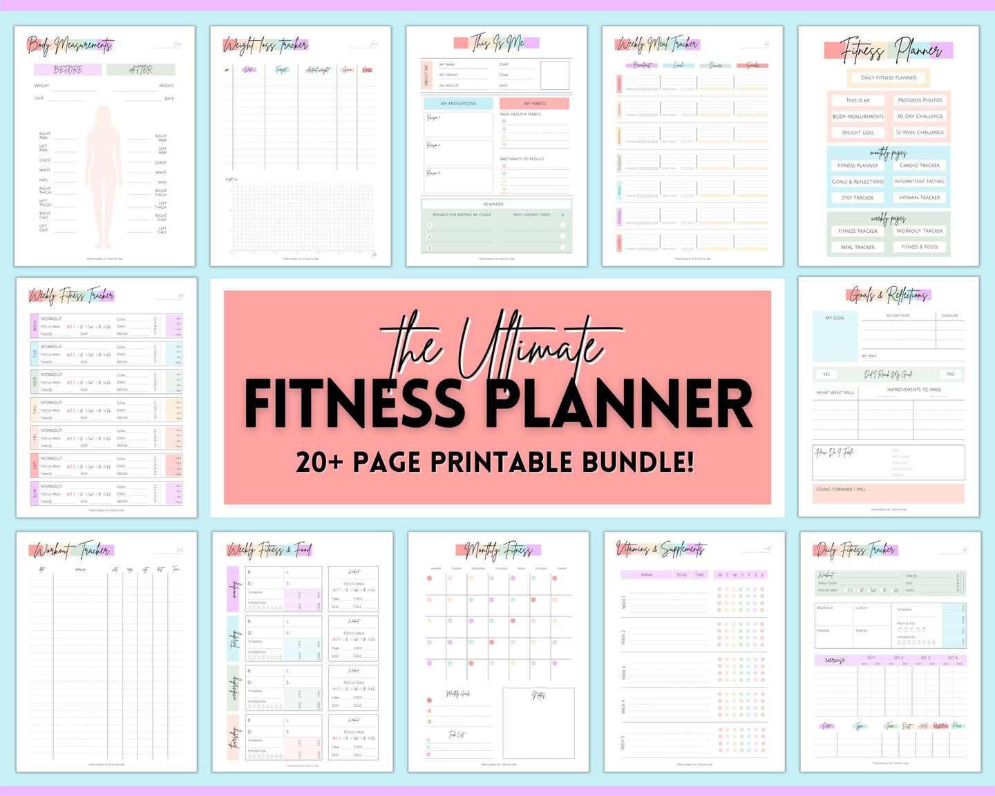 Fitness Planner, Weight Loss Tracker, BUNDLE, Workout Planner Fitness Journal, Wellness, Health Goal, Meal Planner, Self Care, Habit Tracker | Pastel Rainbow