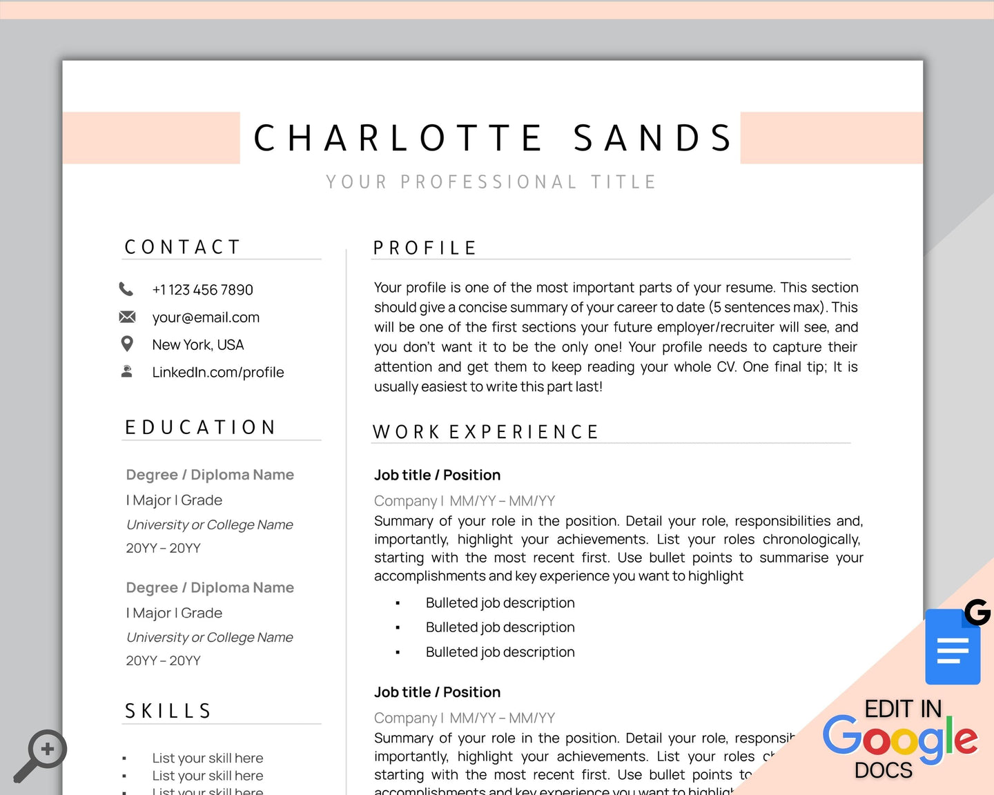GOOGLE DOCS Resume Template. CV template free. Creative Resume Template. Minimalist Executive. Resume Template Bundle. Curriculum Vitae | Style 5