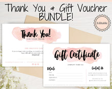 Load image into Gallery viewer, Gift Certificate Template &amp; Thank You For Your Order Business Insert Card BUNDLE. Editable Gift Voucher Template, Thank You Cards, Pink Card | Bundle Style 1
