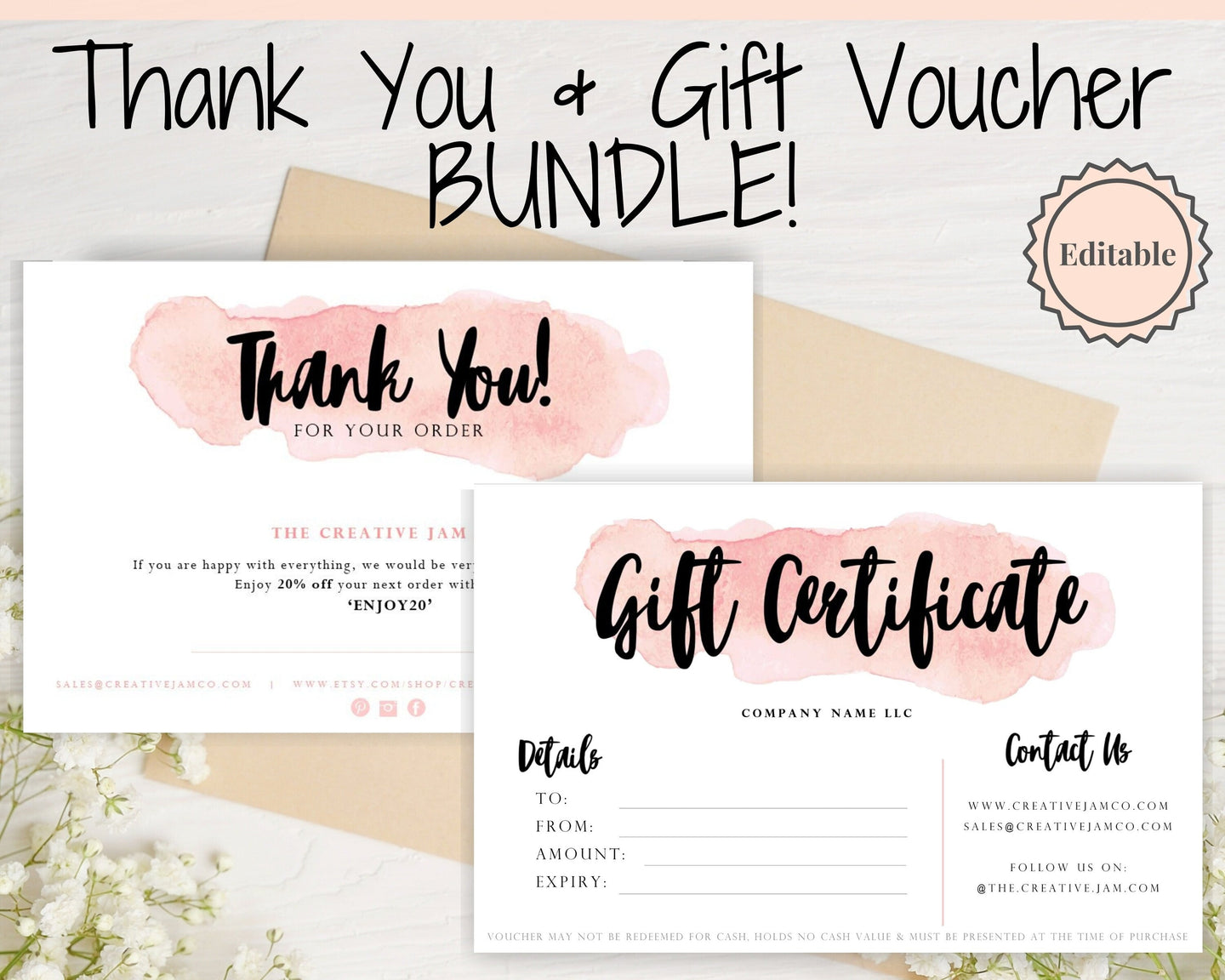 Gift Certificate Template & Thank You For Your Order Business Insert Card BUNDLE. Editable Gift Voucher Template, Thank You Cards, Pink Card | Bundle Style 1