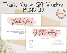 Load image into Gallery viewer, Gift Certificate Template &amp; Thank You For Your Order Business Insert Card BUNDLE. Editable Gift Voucher Template, Thank You Cards, Pink Card | Bundle Style 2
