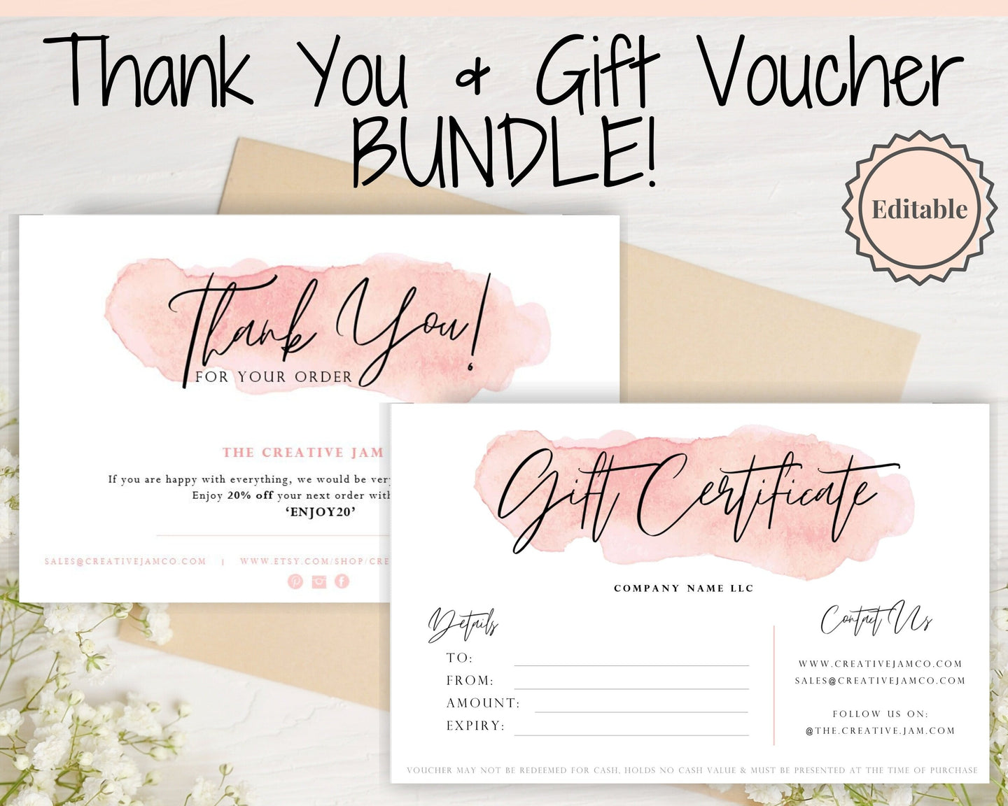 Gift Certificate Template & Thank You For Your Order Business Insert Card BUNDLE. Editable Gift Voucher Template, Thank You Cards, Pink Card | Bundle Style 2