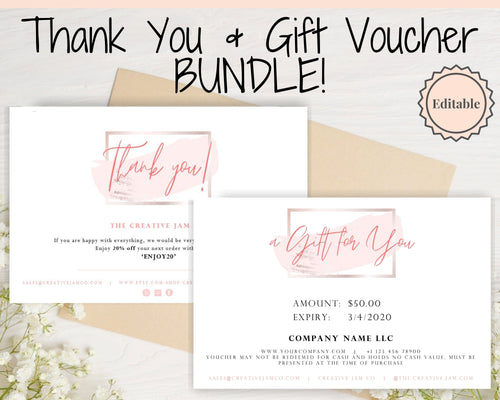 Gift Certificate Template & Thank You For Your Order Business Insert Card BUNDLE. Editable Gift Voucher Template, Thank You Cards, Pink Card | Bundle Style 3