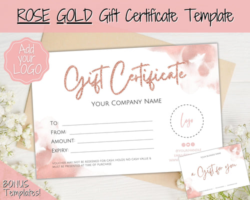 Gift Certificate Template. Editable ROSE GOLD Gift Voucher, Add Logo to Gift Card! DIY Shop Voucher Template. Last minute Coupons, Canva | Style 20