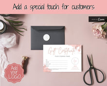 Load image into Gallery viewer, Gift Certificate Template. Editable ROSE GOLD Gift Voucher, Add Logo to Gift Card! DIY Shop Voucher Template. Last minute Coupons, Canva | Style 21
