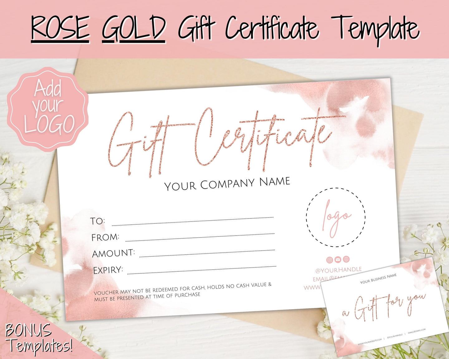 Gift Certificate Template. Editable ROSE GOLD Gift Voucher, Add Logo to Gift Card! DIY Shop Voucher Template. Last minute Coupons, Canva | Style 21