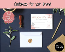 Load image into Gallery viewer, Gift Certificate Template. Editable ROSE GOLD Gift Voucher, Add Logo to Gift Card! DIY Shop Voucher Template. Last minute Coupons, Canva | Style 22
