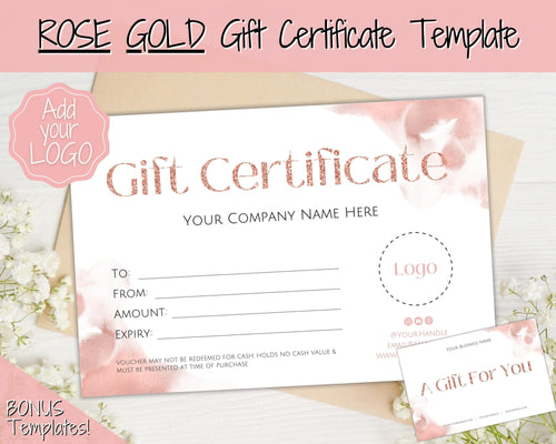 Gift Certificate Template. Editable ROSE GOLD Gift Voucher, Add Logo to Gift Card! DIY Shop Voucher Template. Last minute Coupons, Canva | Style 22