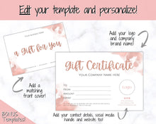 Load image into Gallery viewer, Gift Certificate Template. Editable ROSE GOLD Gift Voucher, Add Logo to Gift Card! DIY Shop Voucher Template. Last minute Coupons, Canva | Style 23
