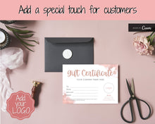 Load image into Gallery viewer, Gift Certificate Template. Editable ROSE GOLD Gift Voucher, Add Logo to Gift Card! DIY Shop Voucher Template. Last minute Coupons, Canva | Style 23
