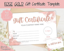 Load image into Gallery viewer, Gift Certificate Template. Editable ROSE GOLD Gift Voucher, Add Logo to Gift Card! DIY Shop Voucher Template. Last minute Coupons, Canva | Style 23
