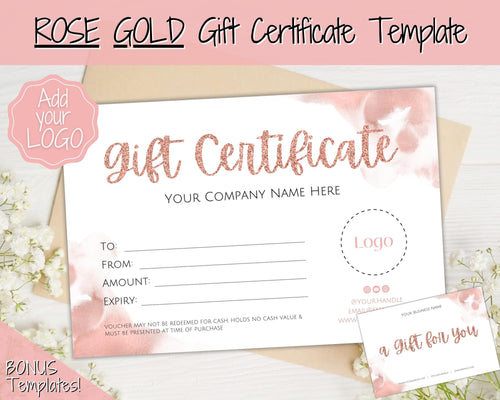 Gift Certificate Template. Editable ROSE GOLD Gift Voucher, Add Logo to Gift Card! DIY Shop Voucher Template. Last minute Coupons, Canva | Style 23