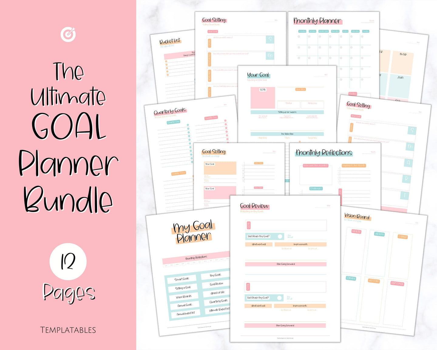 Goal Planner BUNDLE, 2022 Goals Tracker, SMART Goal Setting Kit, New Year, Monthly Habits Reflections, Productivity, Vision Board Printables | Colorful Sky