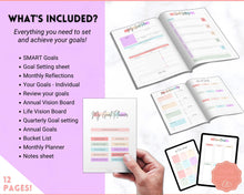 Load image into Gallery viewer, Goal Planner BUNDLE, 2022 Goals Tracker, SMART Goal Setting Kit, New Year, Monthly Habits Reflections, Productivity, Vision Board Printables | Pastel Rainbow
