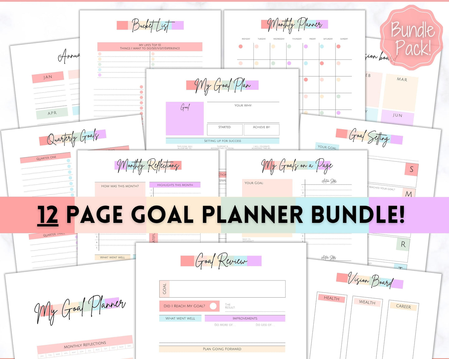 Goal Planner BUNDLE, 2022 Goals Tracker, SMART Goal Setting Kit, New Year, Monthly Habits Reflections, Productivity, Vision Board Printables | Pastel Rainbow