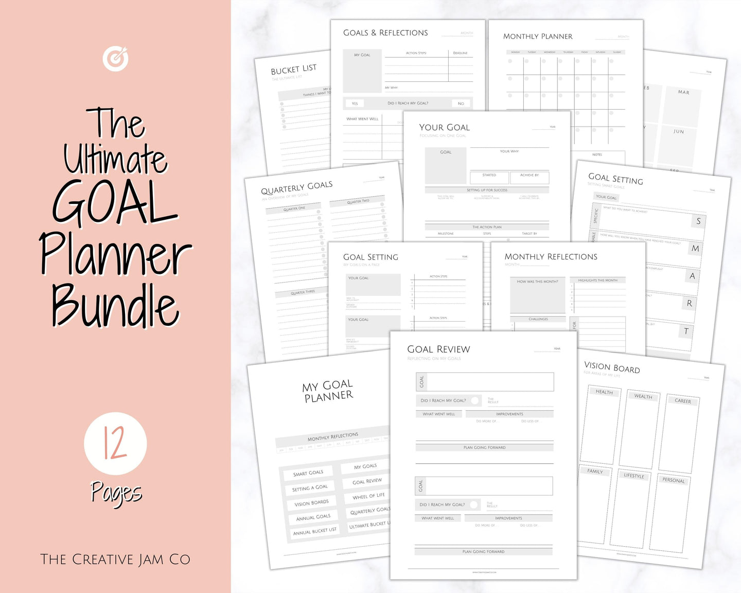 Goal Planner BUNDLE, 2022 Goals Tracker, SMART Goal Setting Kit, New Year, Monthly Habits Reflections, Productivity, Vision Board Printables