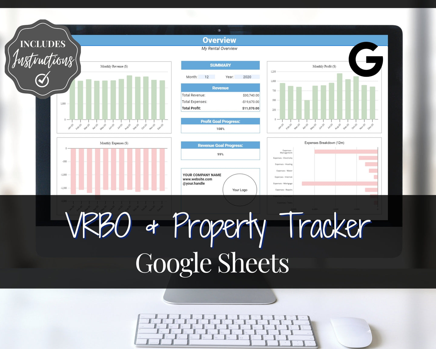Google Sheets VRBO Spreadsheet Business Tracker, Rental Vacation Property, Editable Monthly Annual Profit Loss, Real Estate Income Expense, Super Host