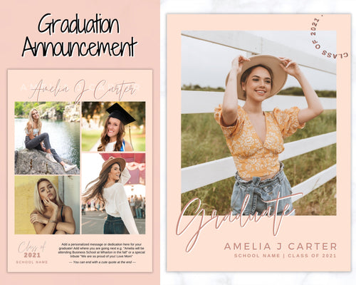 Graduation Announcement Card Template, Senior & High School Grad Announcement, Class of 2021 Invitation, Yearbook, Photo Card Tribute, Canva | Style 1