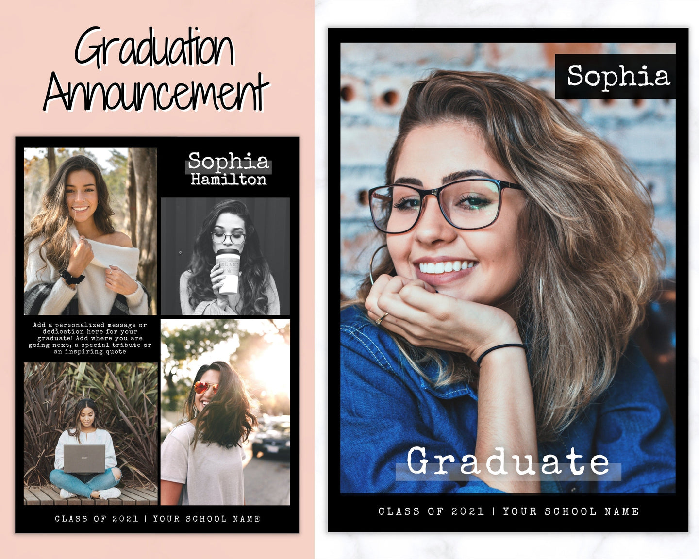Graduation Announcement Card Template, Senior & High School Grad Announcement, Class of 2021 Invitation, Yearbook, Photo Card Tribute, Canva | Style 2