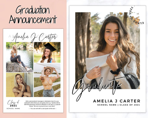 Graduation Announcement Card Template, Senior & High School Grad Announcement, Class of 2021 Invitation, Yearbook, Photo Card Tribute, Canva | Style 5