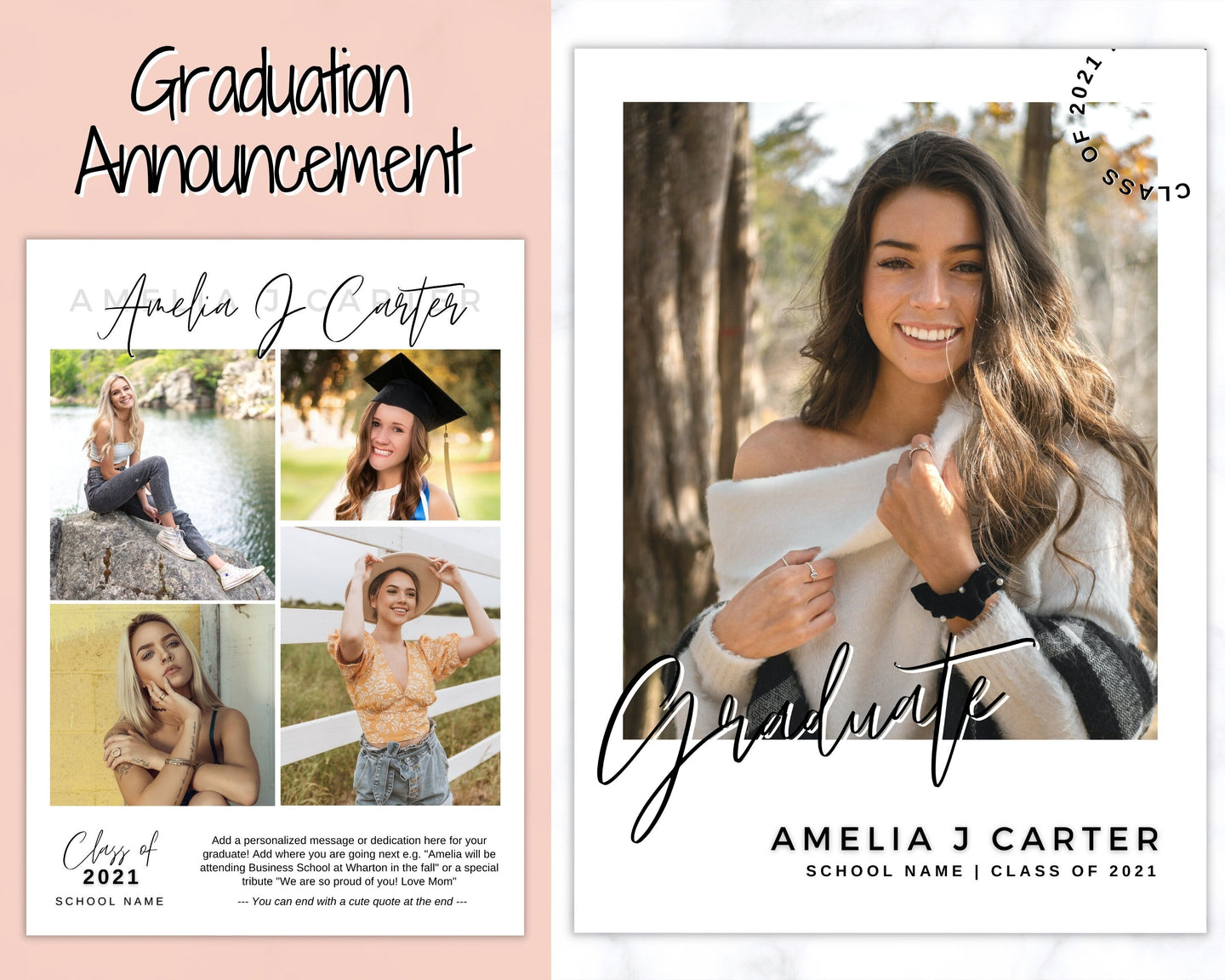 Graduation Announcement Card Template, Senior & High School Grad Announcement, Class of 2021 Invitation, Yearbook, Photo Card Tribute, Canva | Style 5