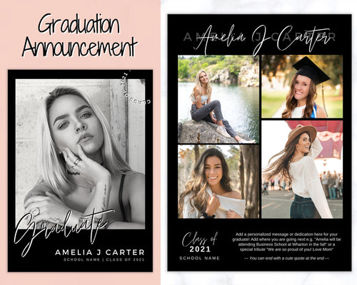 Graduation Announcement Card Template, Senior & High School Grad Announcement, Class of 2021 Invitation, Yearbook, Photo Card Tribute, Canva | Style 6