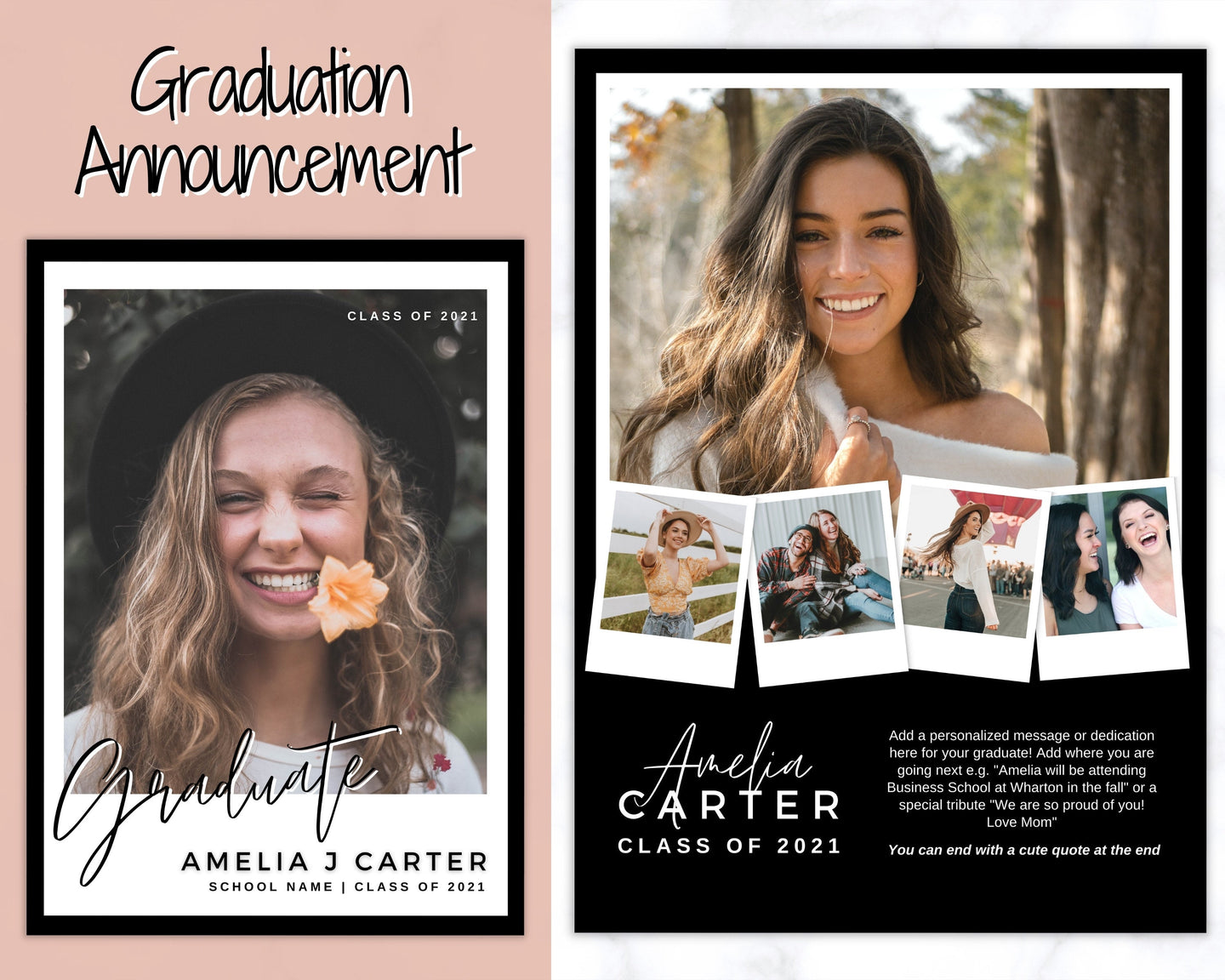 Graduation Announcement Card Template, Senior & High School Grad Announcement, Class of 2021 Invitation, Yearbook, Photo Card Tribute, Canva | Style 7