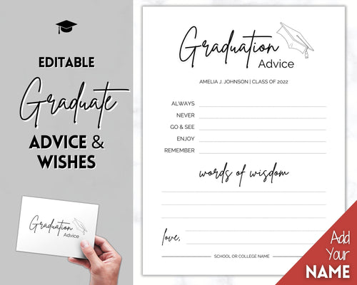 Graduation Party Card, EDITABLE Advice & Wishes, Advice Poster Template, Graduate Words of Wisdom, College, High School Grad, Class of 2022, SHEET