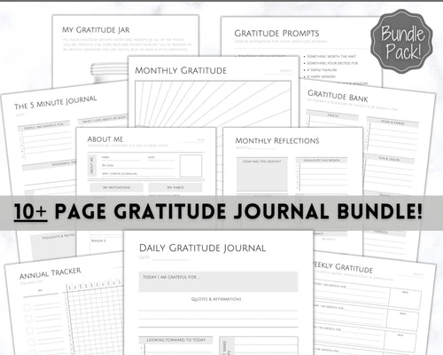 Gratitude Journal Printable BUNDLE! Mindfulness Log, Gratitude Template, Self Care Planner, Daily Journal for Women, Gratitude Jar, Wellness | Monochrome