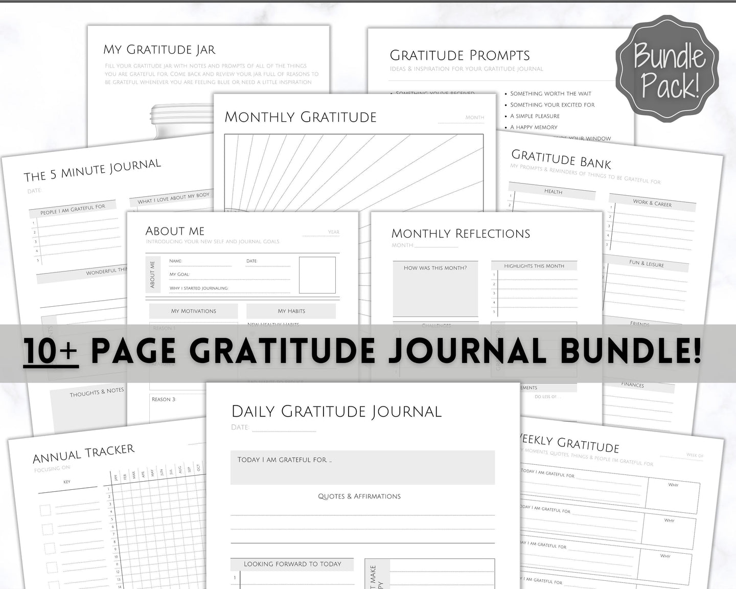 Gratitude Journal Printable BUNDLE! Mindfulness Log, Gratitude Template, Self Care Planner, Daily Journal for Women, Gratitude Jar, Wellness | Monochrome